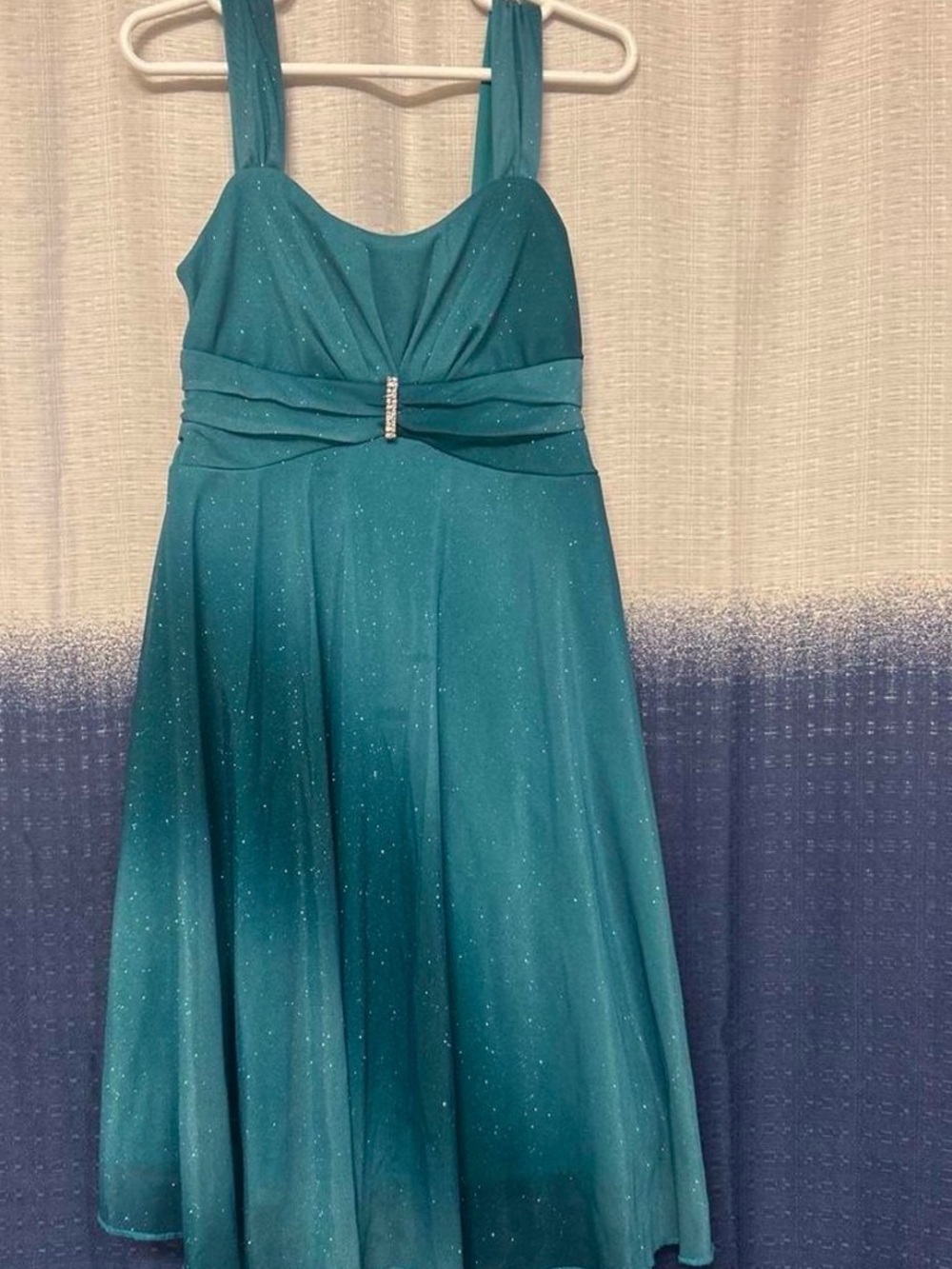 Kids Small Teal Sparkle Knee-Length Dress with Rhinestone Accent